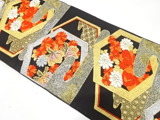JAPANESE KIMONO / ANTIQUE FUKURO OBI / SILK / WOVEN KIKU
